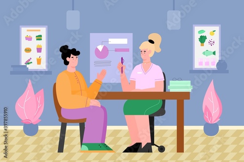 Nutritionists office with doctor consults patient and makes diet plan, cartoon flat vector illustration. Dietitian or nutritionist makes recommendations for weight loss.