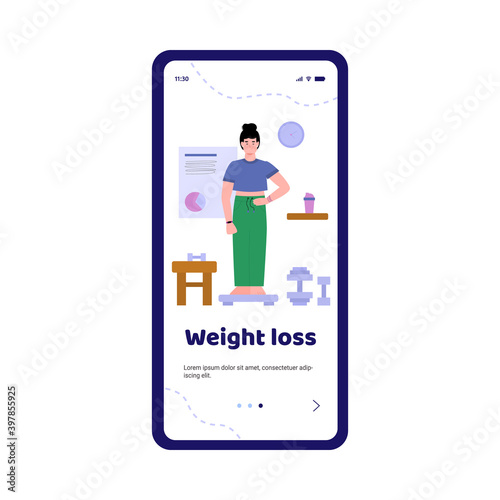 Onboarding mobile page template for nutritionist or dietitian with woman standing on scale, cartoon vector illustration. Mobile app screen for nutritionists services.