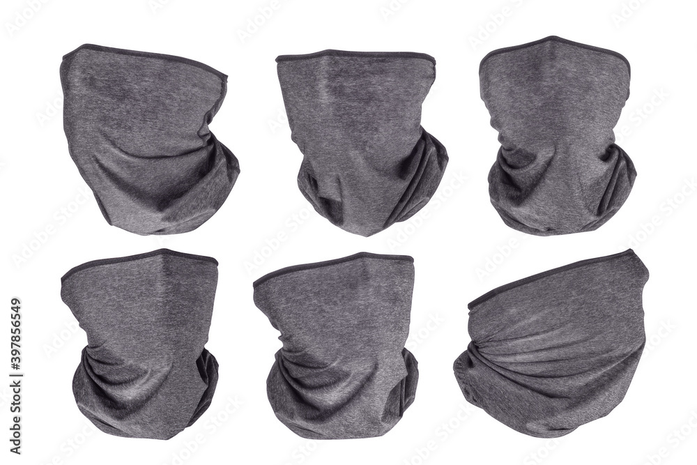Grey neck gaiters six views set with different face rotation isolated Grey neck gaiters six views set with different face rotation isolated