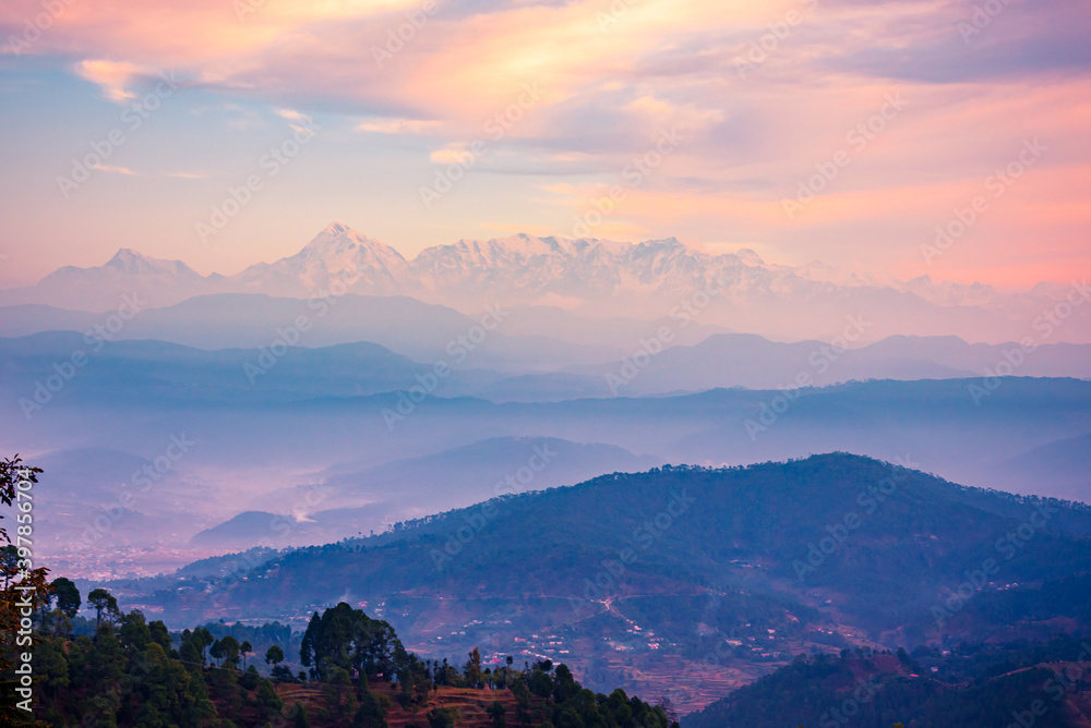 View at Kausani, a hill station in Bageshwar district, Uttarakhand, India.