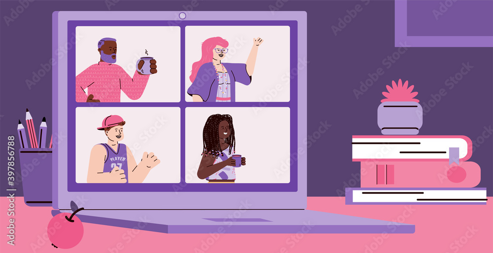 Desktop with online chat application interface on computer monitor, flat cartoon vector illustration. Online communication and video conference technology.
