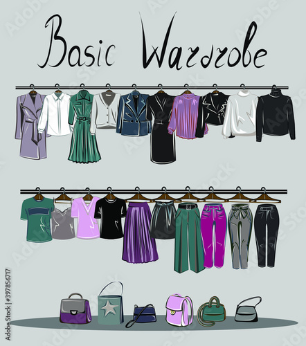 A basic wardrobe. Clothing and bags for each day. A set of matching the color of things. Dresses, jeans, coats, cardigan, backpack, handbag. Vector isolated image.