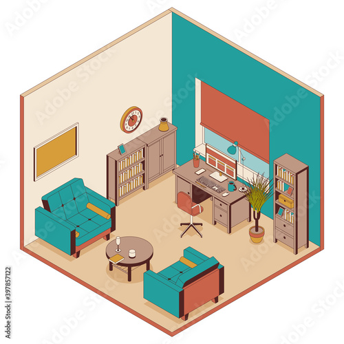 Cabinet in isometric style. Armchairs, furniture and computer