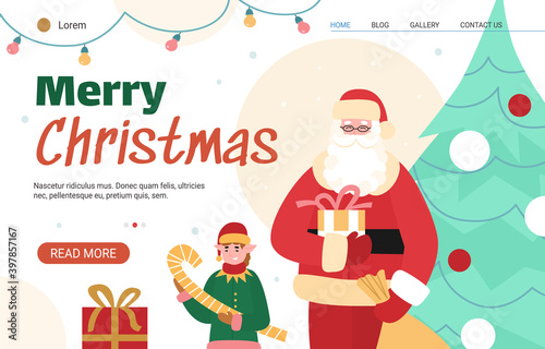 Christmas website template with Santa and his little helper elf, flat cartoon vector illustration on white background. Festive design for Xmas holidays.
