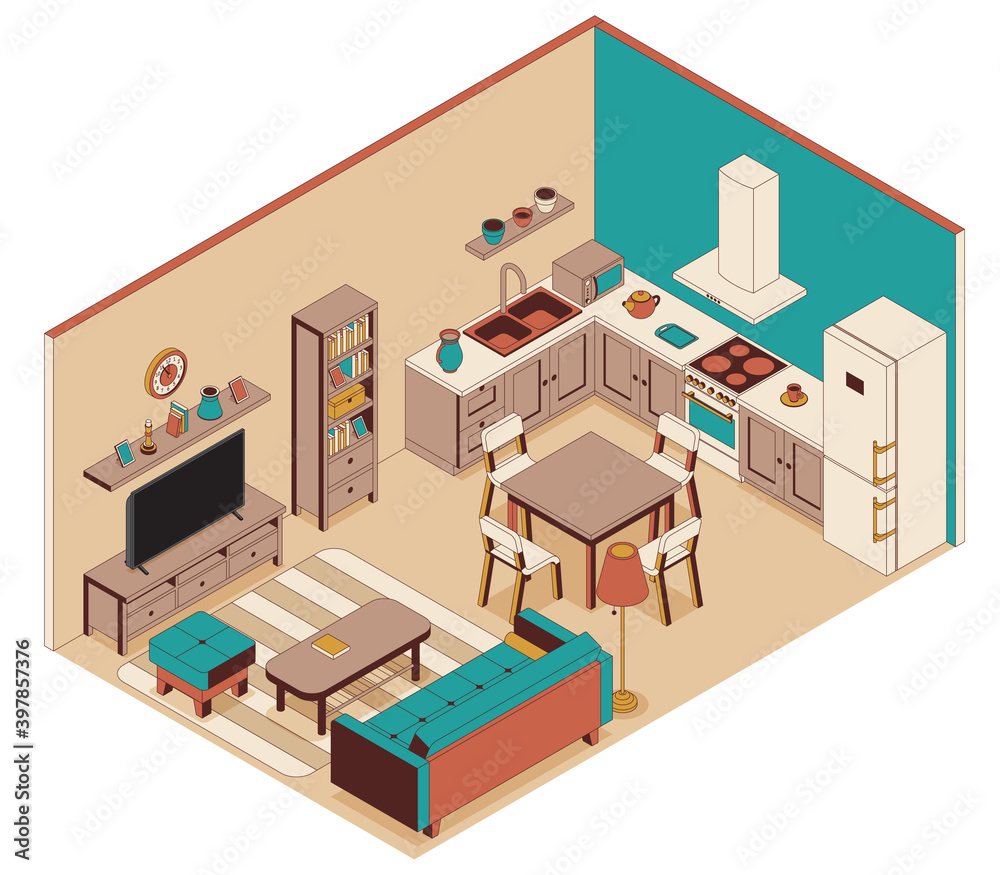 Living room with kitchen in isometric style. Sofa, furniture and TV