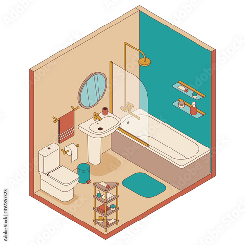 Bathroom in isometric style. Bath, washbasin and toilet