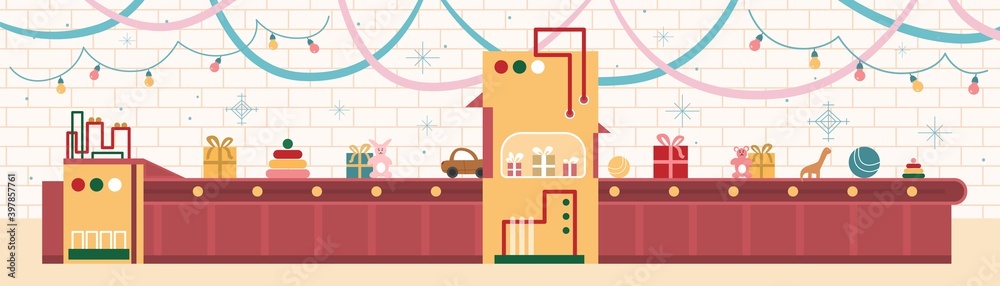 Christmas factory with technology belt conveyor and wrapping machine for packaging new year gifts in beautiful boxes. Production of xmas presents for kids. Flat vector illustration