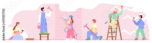 Team of professional painters working on house renewal, flat cartoon vector illustration isolated on white background. House painting and renovation services banner.