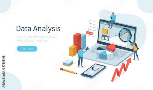 People Characters Working with Data Visualization on Laptop. Man and Woman Analyzing Tables, Charts and Graphs at Business Dashboard. Digital Data Analysis Concept. Flat Isometric Vector Illustration.