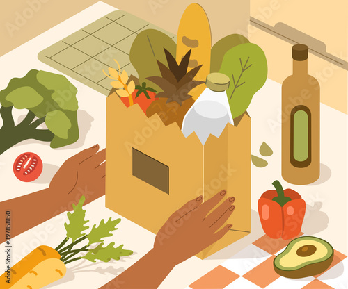 Woman Hands at Home Kitchen unpacking Paper Bag with Fresh Vegetables, Fruits and other Grocery Food. Grocery Shopping and Food Delivery Service Concept. Flat Isometric Vector Illustration.