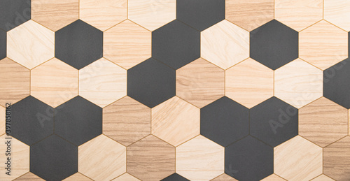 Panorama de fond en forme hexagonale pour création d'arrière plan, aspect plancher de bois avec alcôves. 