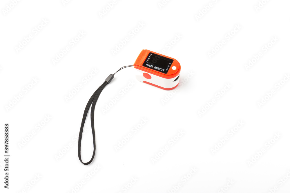 Pulse Oximeter, finger digital device to measure oxygen saturation in blood. Coronavirus symptoms concept.