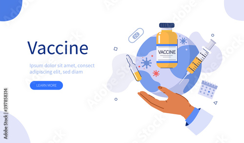 Doctors Hand Holding Planet Earth with ready for Clinical Trial Covid Vaccine. Preparing For Global Vaccination against Coronavirus. Immunization Campaign Concept. Flat Cartoon Vector Illustration.