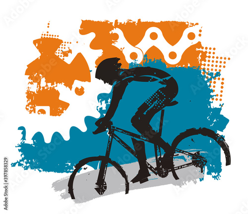 Mountain bike, Cyclist and bicycle parts bacground. 
Colorful grunge stylized illustration with cyclist and bicycle parts. Vector available.