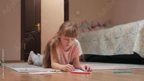 Child girl draw 7 years old caucasian white