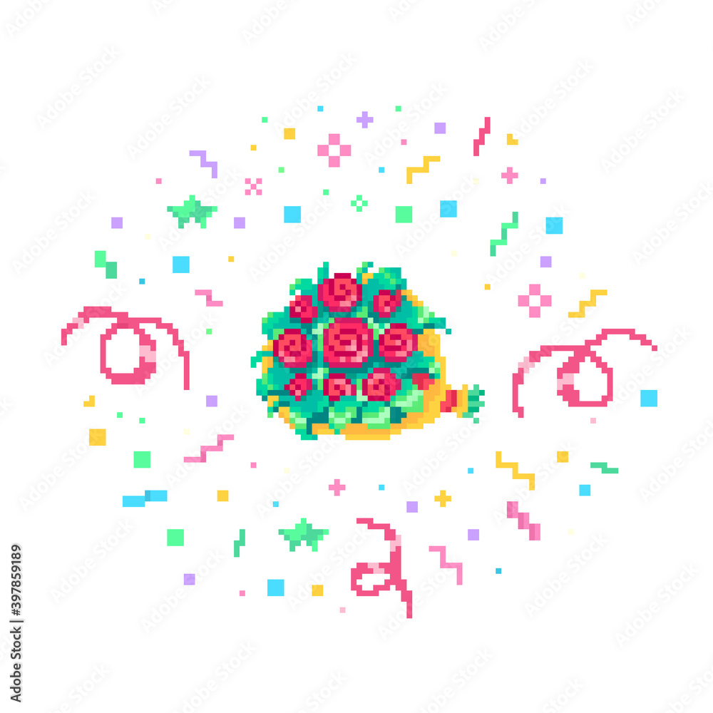 Pixel art bouquet of flowers with confetti burst.