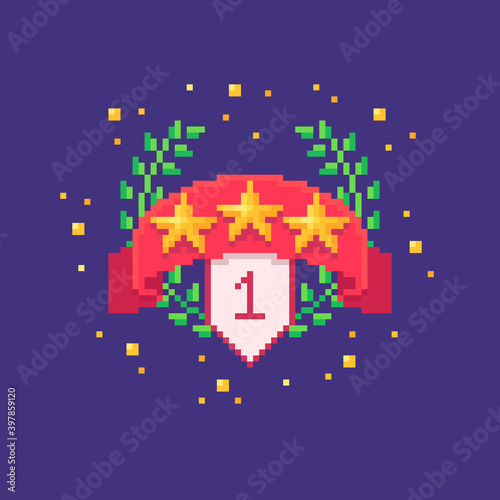 Pixel art GUI sign with red ribbon and golden stars.