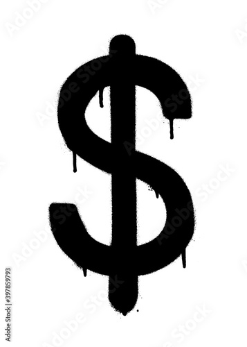 Sprayed dollar icon with overspray in black over white. Graffiti vector illustration.