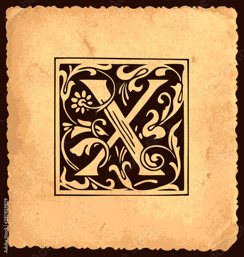 Black initial letter X with Baroque decorations in vintage style on an old paper background. Beautiful filigree capital letter X suitable for greeting card, invitation, monogram, emblem, logo