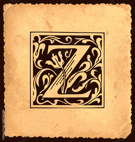 Black initial letter Z with Baroque decorations on an old paper background in vintage style. Beautiful filigree capital letter Z suitable for invitation, greeting card, monogram, emblem, logo