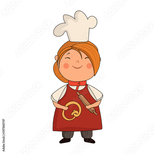 Cute vector stock Illustration of a child chef baker isolated on white background.