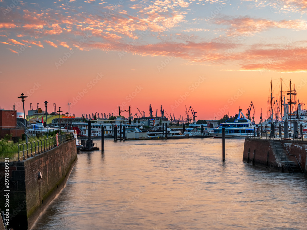 Hamburg City sunset night scene with warm red colors during summer time