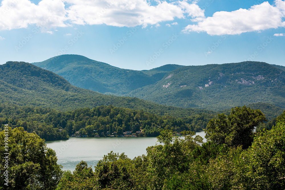 Lake Lure, NC Aerial Above View Of Lake and Chimney Rock Mountain