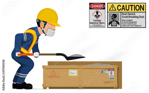 An industrial worker with mask is scooping the asbestos powder.