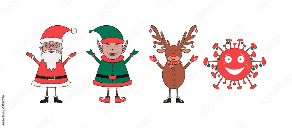 Set of Christmas characters Santa Claus, Elf, deer and coronavirus backteria on white background.