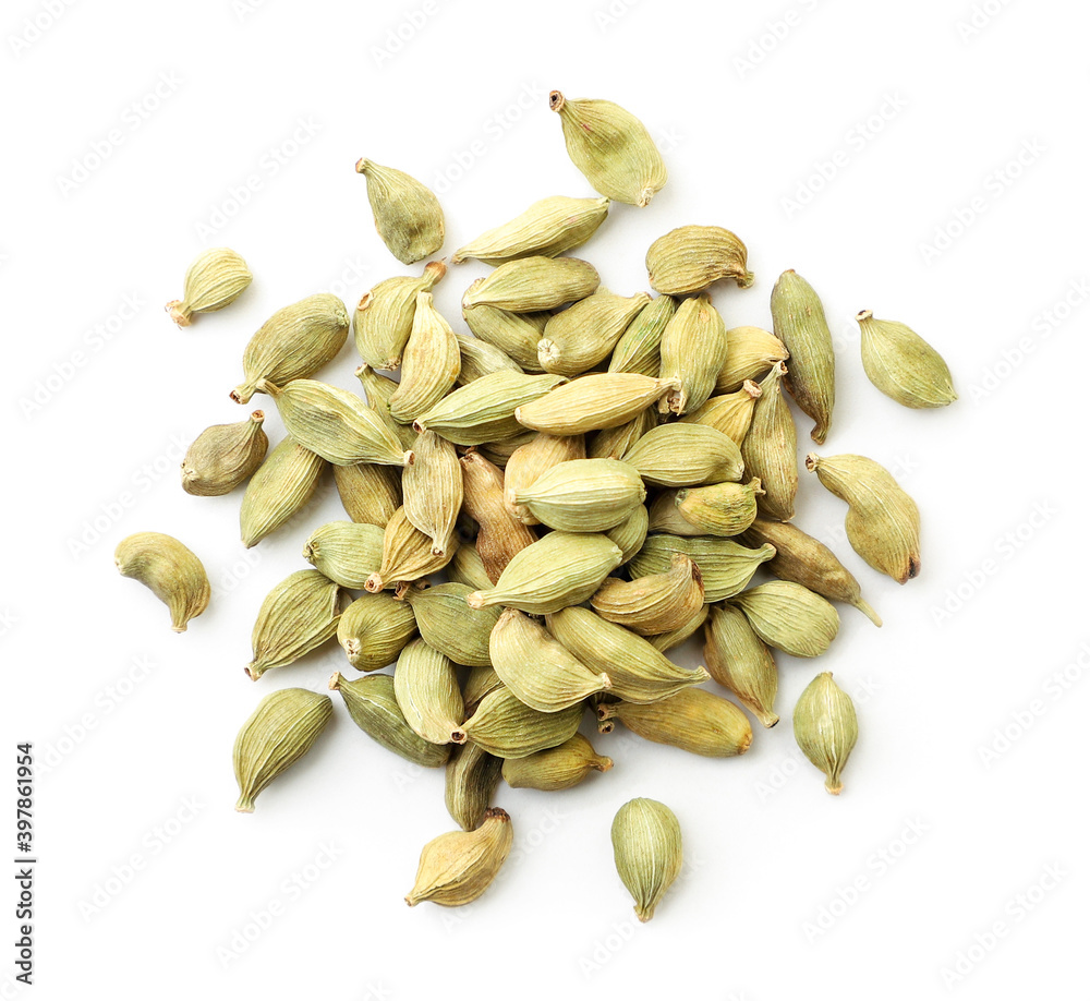 Heap of cardamom pods on white background, isolated. The view from top Heap of cardamom pods on white background, isolated. The view from top