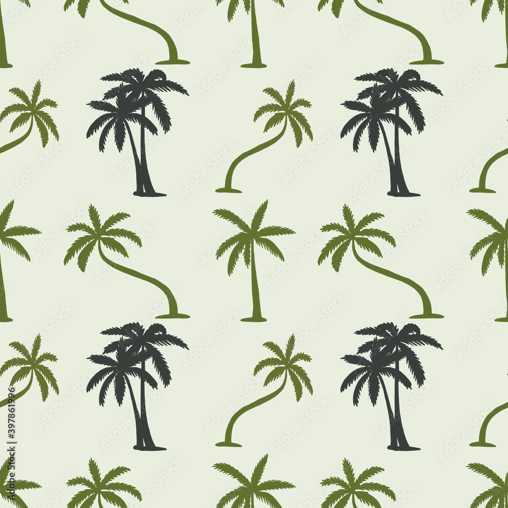 Vector seamless pattern with palms on a blue background.