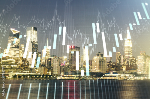Multi exposure of virtual creative financial chart hologram on New York skyscrapers background  research and analytics concept