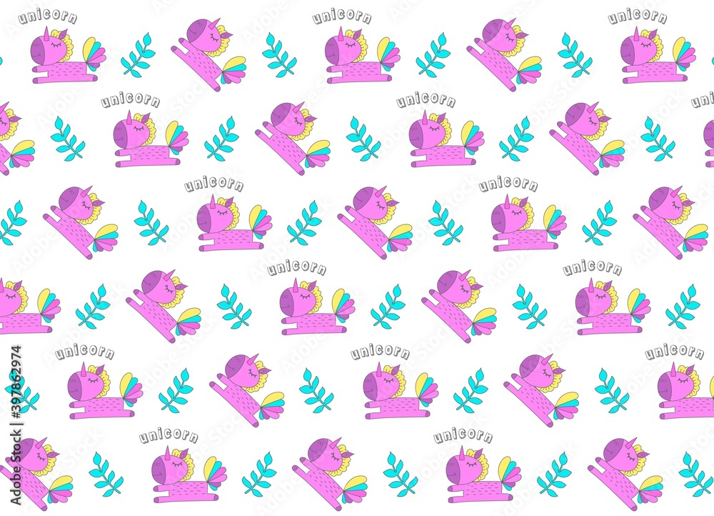 Abstract background seamless pattern with unicorns.Design template logo unicorn vector icon isolated on white.Print packing paper.Magic cartoon fantasy cute animal.Rainbow hair.Dream children symbol.