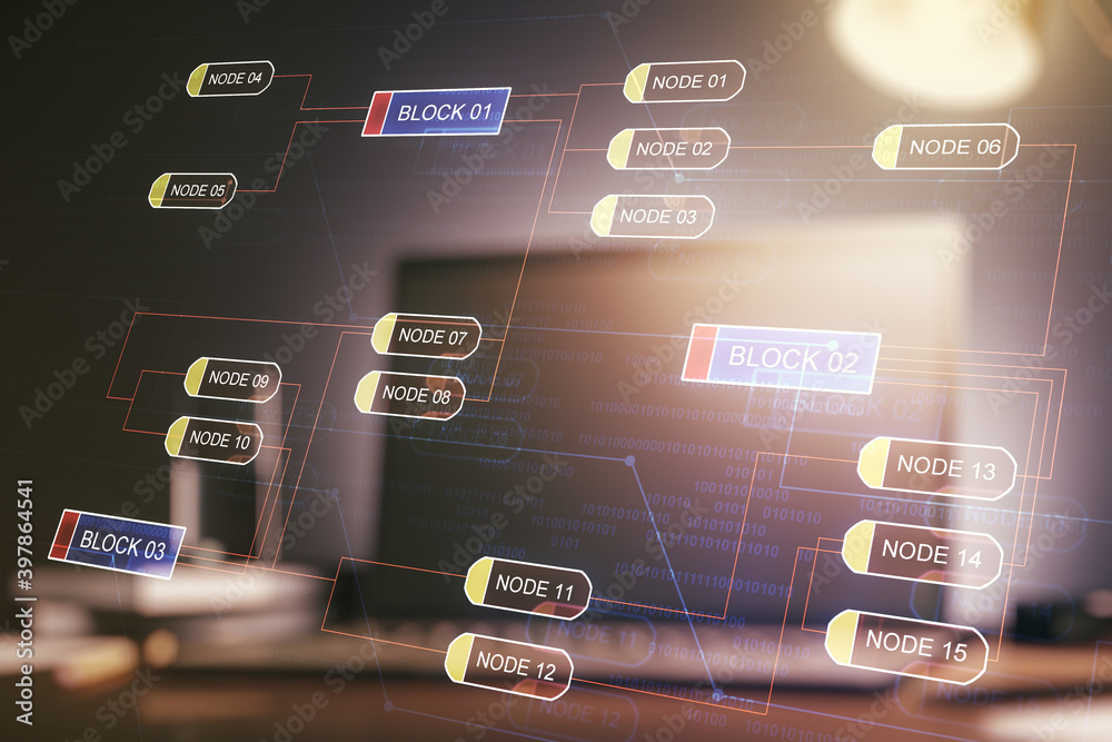Obraz premium Double exposure of abstract creative programming illustration on computer background, big data and blockchain concept