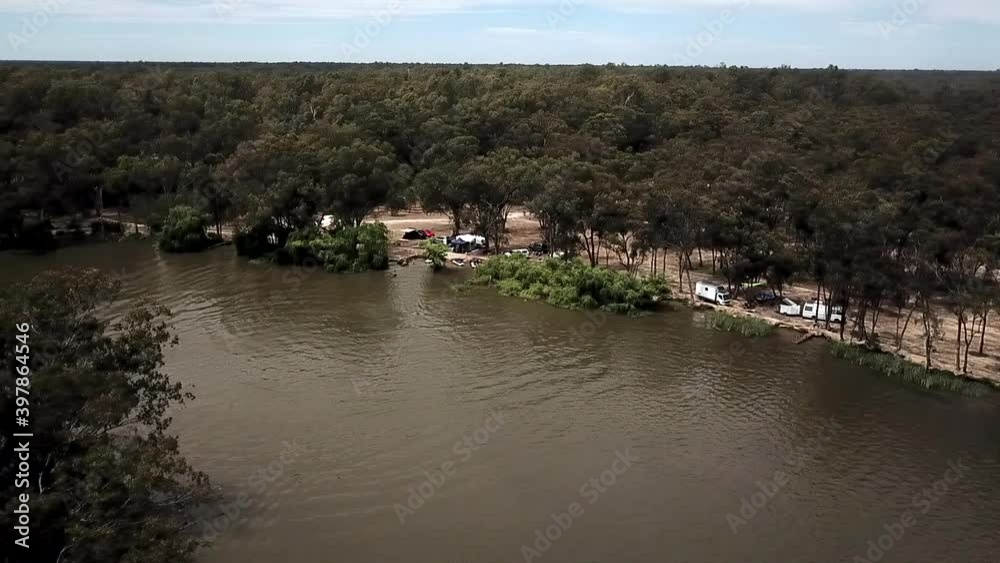 Murray Riverbank Camping area at Torrumbarry in Australia - Aerial panning shot