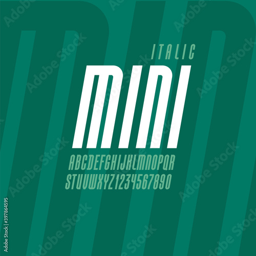 High font, condensed tall italic alphabet sans serif, trendy uppercase Latin letters from A to Z and Arab numbers from 0 to 9 for you designs, vector illustration 10EPS