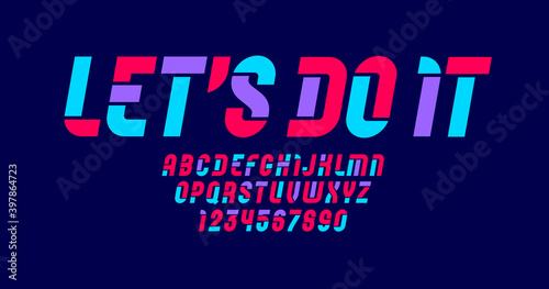 Stencil colorful font, condensed bold bright alphabet, modern geometric modular italic letters and number, vector illustration 10EPS