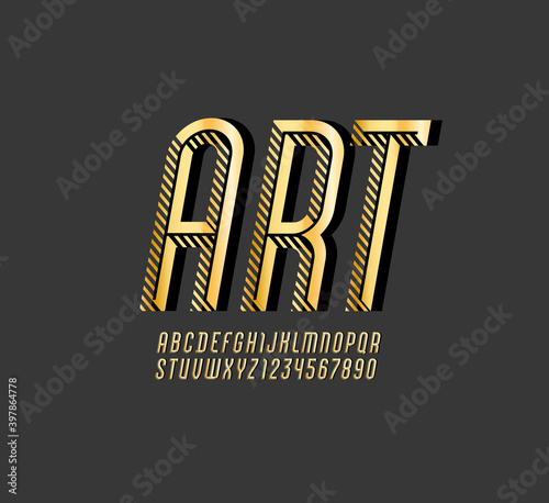 Art high font, retro alphabet sans serif, italic letters from A to Z and numbers from 0 to 9 for you designs, vector illustration