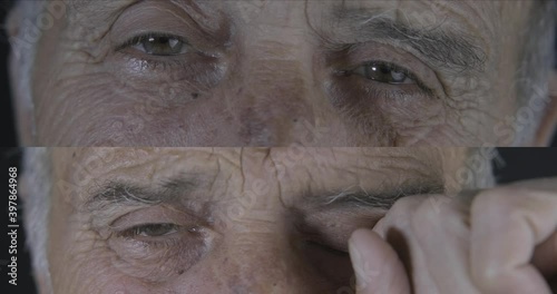 Multiscreen shot of old man's crying and smiling eyes. Upset and happy times. photo