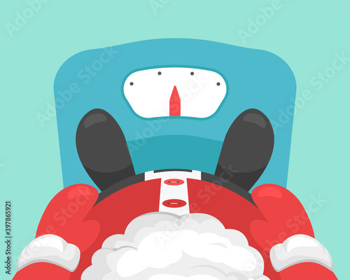 Fat Santa measures his weight, Santa is standing on the scales.