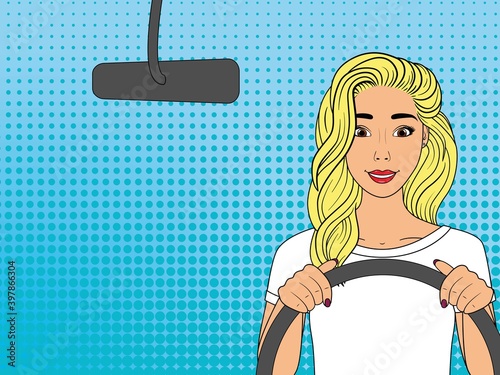 Attractive happy girl driving a car. Woman driver. Pop Art vintage vector illustration