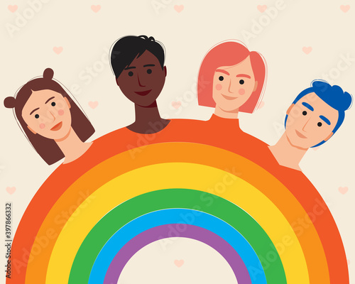 Lgbtq rainbow with people as gay community concept, flat vector stock illustration, rainbow colors
