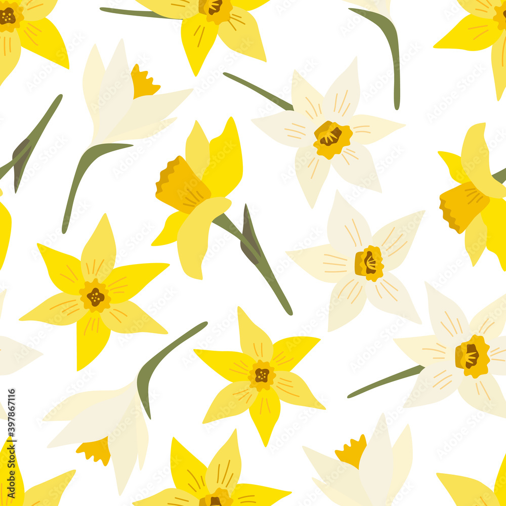 Floral seamless pattern with spring flowers. White and yellow narcissus. Isolated vector illustration. Background for wrapping paper, textile, wallpaper, scrapbooking. Flat cartoon design. Floral seamless pattern with spring flowers. White and yellow narcissus. Isolated vector illustration. Background for wrapping paper, textile, wallpaper, scrapbooking. Flat cartoon design.