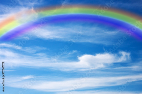 Blauer Himmel mit Sonnenschein und Regenbogen © Pixelot