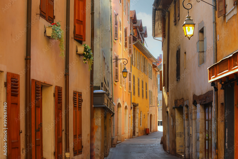 A colorful buildings in the old town of Annecy in France