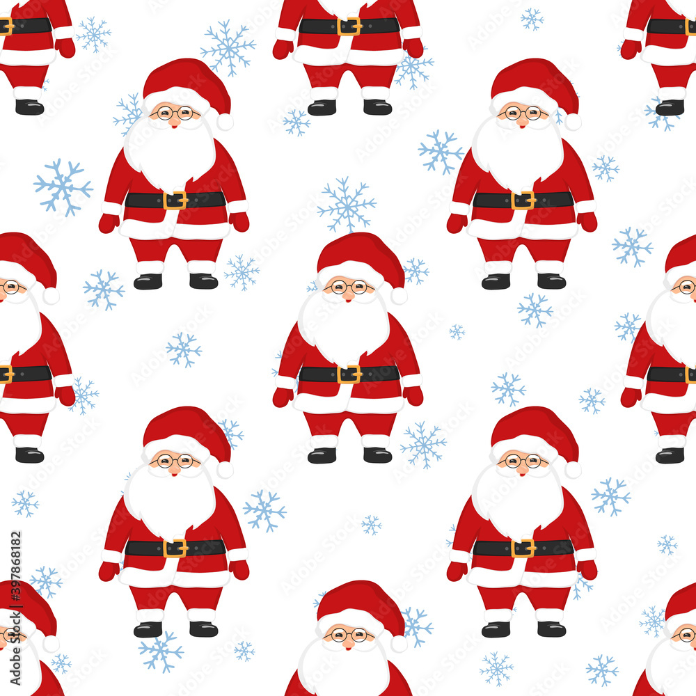 Hand drawn seamless pattern of cute Christmas Santa Claus with glasses, snowflakes. Happy New Year and Christmas character vector illustration for greeting card, invitation, wallpaper, wrapping paper