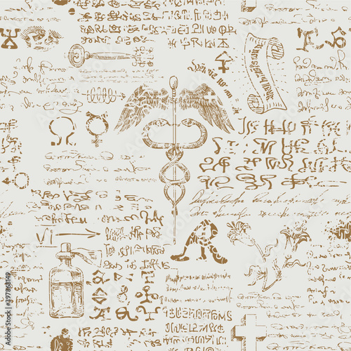 vector image of a seamless texture in the form of an alchemical formula with encrypted symbols in the style of medieval old manuscripts graphic
