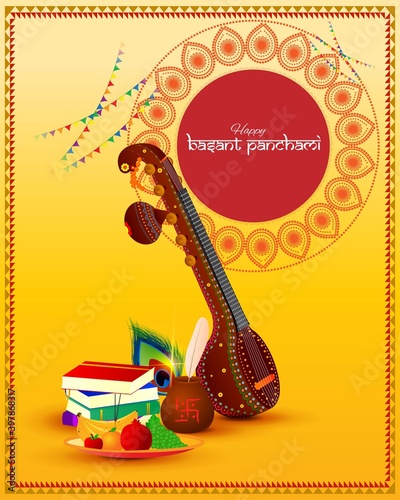 Vector illustration of Happy Basant Panchami banner, Indian festival, Veena, books and fruits, background template for website and social media.