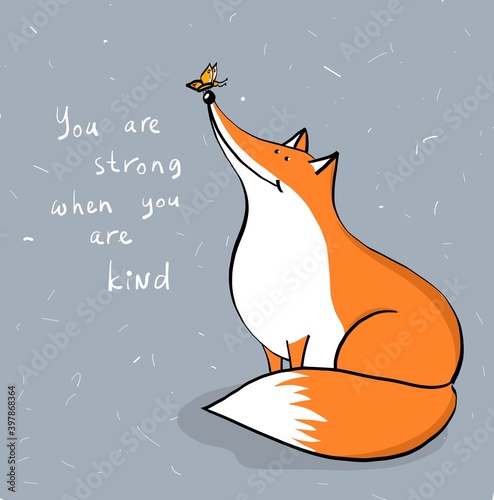 cute fox with butterfly on it's nose, illustration with cartoon character, card and lettering, vector flat design photo