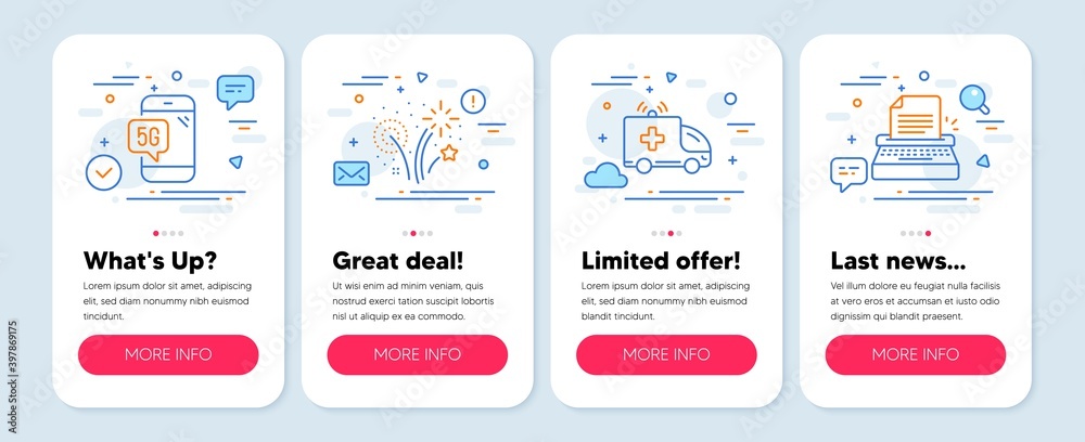 Set of Business icons, such as Fireworks, 5g phone, Ambulance car symbols. Mobile app mockup banners. Typewriter line icons. Pyrotechnic salute, Wifi internet, Emergency transport. Vector Set of Business icons, such as Fireworks, 5g phone, Ambulance car symbols. Mobile app mockup banners. Typewriter line icons. Pyrotechnic salute, Wifi internet, Emergency transport. Vector